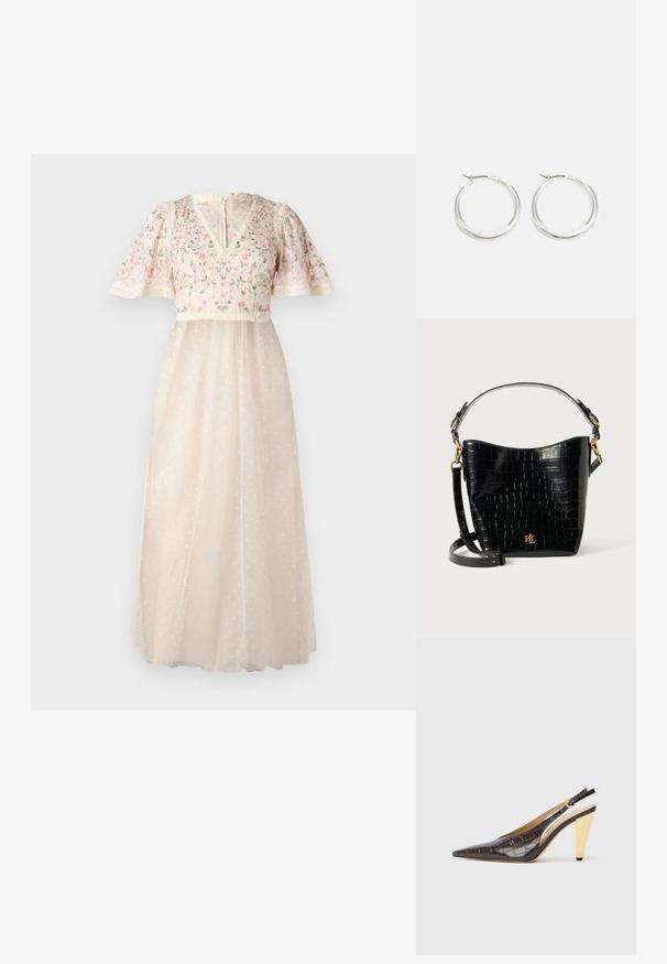 Needle & Thread ROSIE SHORT SLEEVE BALLERINA DRESS - Proginė apranga - cream; Ilgas pirštas slingback kulnas tamsiai rudos spalvos blizgios dirbtinės krokodilo odos. Savybė – aukso spalvos geometrinės formos kulnas ir reguliuojama kulkšnies juosta.; Juodas krokodilo rašto odinis krepšys su lenkta forma, auksiniais aksesuarais, reguliuojama juosta ir logotipo detale priekyje.; Sidabriniai žiedo auskarai turi lygią, suapvalintą formą, ploną profilį ir saugų užsegimą. Minimalistinis stilius su blizgiu apdaila.