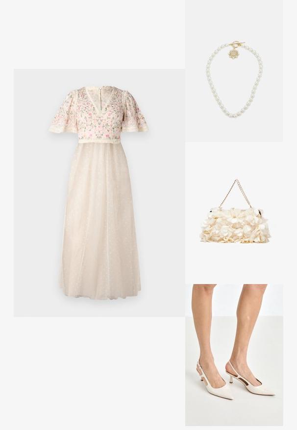 Needle & Thread ROSIE SHORT SLEEVE BALLERINA DRESS - Alkalmi viselet - cream; Beige patent bőr slingback magassarkúk hegyes orral és 5 cm-es sarokkal, kivágott oldalakkal és vékony bokapánttal.; Fehér virágmintás kézitáska gyűrt szövet felülettel, aranyszínű lánccal és fémetaljzattal. Textúrázott szirmokkal készült a részletesebb megjelenés érdekében.; Lauren Ralph Lauren COLLAR - Nyaklánc - gold-coloured/white