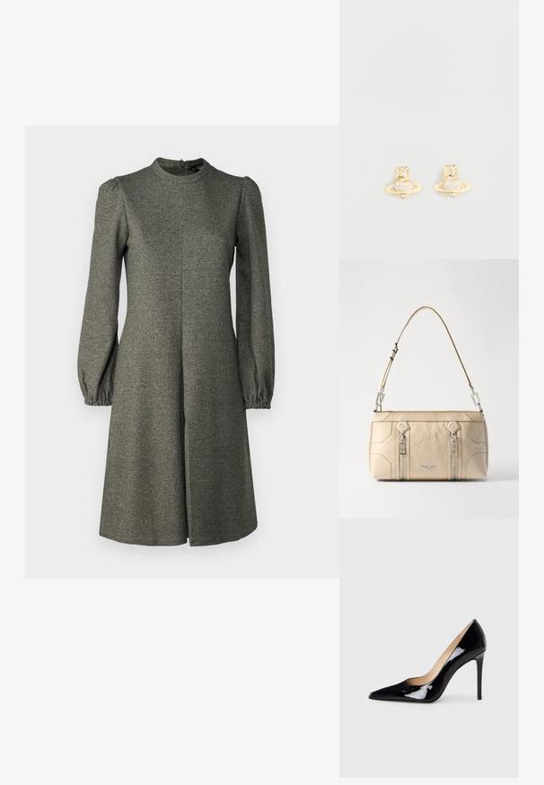 WEEKEND MaxMara CANARD - Jurk - grey; Zwarte lakleren hoge hakpumps met een puntige neus en een slanke silhouet. Heeft een gladde, glanzende afwerking en een slanke stilettohak.; Beige leren handtas met zilveren hardware, twee zijritsen, gestructureerd ontwerp en een afneembare schouderband voor veelzijdigheid.; Gouden studs oorbellen met een Saturnus ontwerp, voorzien van een gestructureerde band en ingebedde cirkelvormige kristallen voor extra sprankeling.