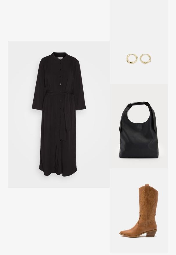 Czarna sukienka z długim rękawem, z kołnierzykiem mandaryńskim, zapinana na guziki z przodu, ze zdobieniami w formie marszczeń i przewiązywanym paskiem w talii; gładka tekstura materiału.; Brązowe skórzane kowbojki z wyciągniętym nosem, haftowanymi wzorami spiralnymi na cholewie oraz blokowym obcasem. Posiadają pętlę ułatwiającą zakładanie.; Czarna skórzana torba hobo z pojedynczym, miękkim, zaokrąglonym uchwytem; charakteryzuje się gładką teksturą i minimalistycznym designem. Brak widocznych elementów metalowych lub akcentów.; Złote kolczyki w kształcie obręczy o teksturowanej, nieregularnej formie. Posiadają bezszwowe zapięcie oraz polerowane wykończenie, podkreślające nowoczesny design.