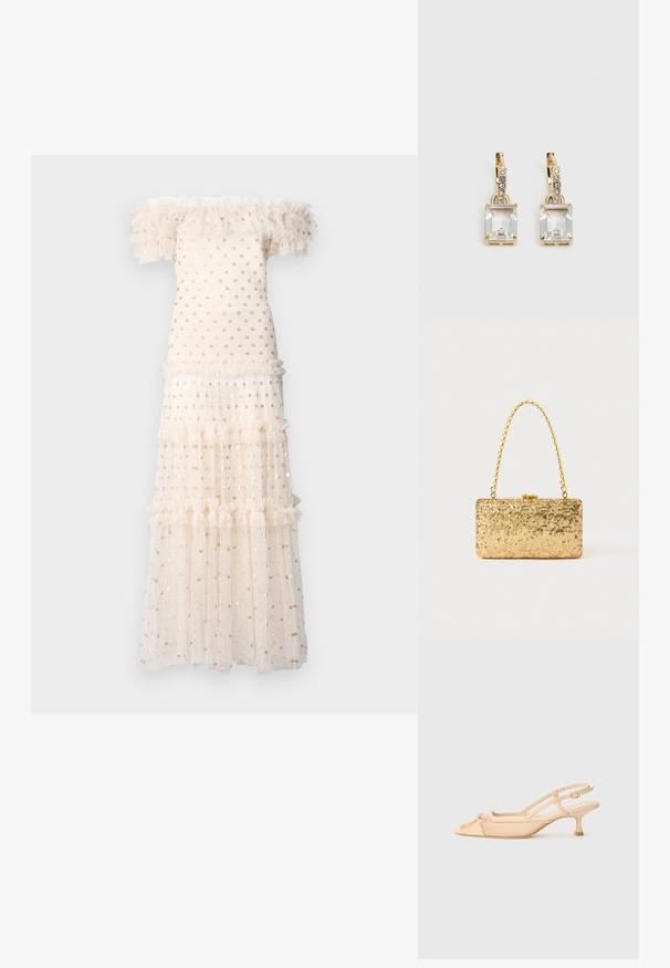 Needle & Thread SMOCKED ANKLE - Kokteiļkleita/ballīšu kleita - cream/gold; Stuart Weitzman KITTY - Klasiski papēži - beige/barely beige; Zelta sekmju soma ar taisnstūra formu, kurai ir savīti ķēdes rokturi un metāla aizdare, kas atspoguļo gaismu ar teksturētu apdari.; Zeltītas auskaru rotas, kuru centrā ir taisnstūra formas caurspīdīgs kristāls, kas karājas zem mazu, apaļu caurspīdīgu akcentu rindas. Elegants, mūsdienīgs dizains.