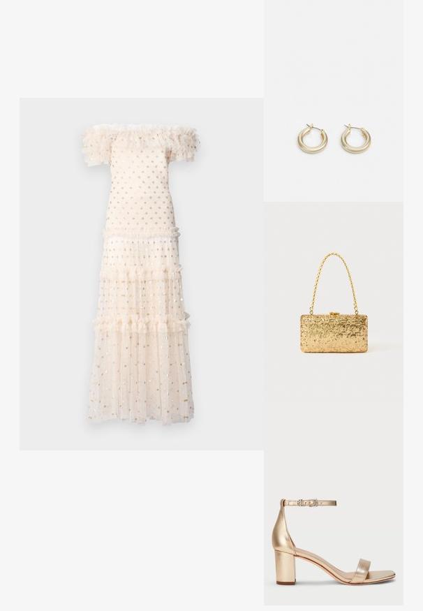 Needle & Thread SMOCKED ANKLE - Kokteiļkleita/ballīšu kleita - cream/gold; Lauren Ralph Lauren LOGAN METALLIC NAPPA LEATHER SANDAL - Sandales - platinum; Zelta sekmju soma ar taisnstūra formu, kurai ir savīti ķēdes rokturi un metāla aizdare, kas atspoguļo gaismu ar teksturētu apdari.; Lauren Ralph Lauren BASIC SMALL HOOP - Auskari - gold-coloured