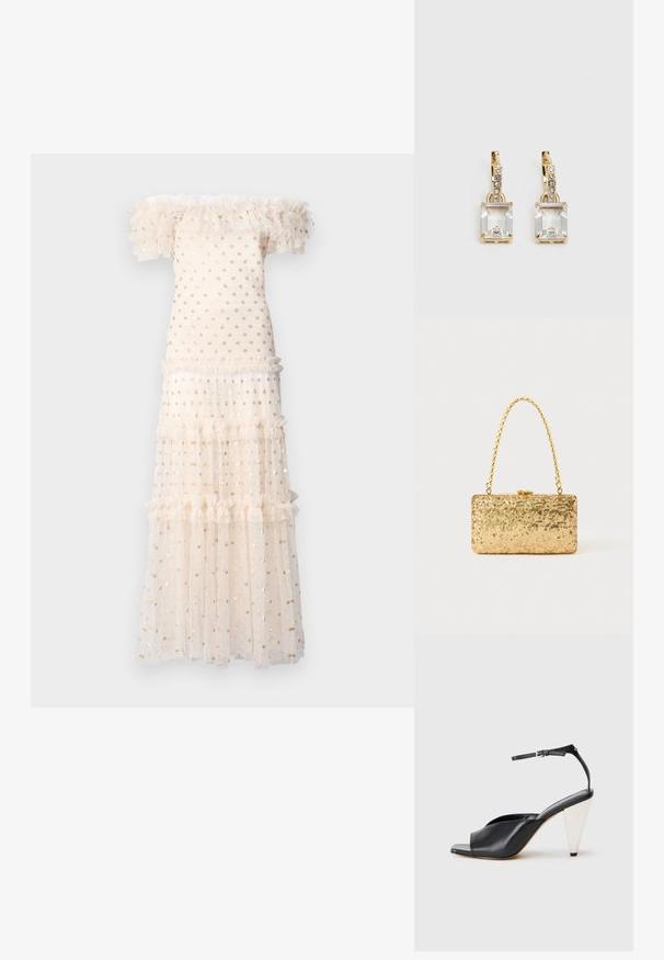 Needle & Thread SMOCKED ANKLE - Kokteiļkleita/ballīšu kleita - cream/gold; Melnas ādas augstpapēžu sandales ar atvērto purngali, asimetrisku dizainu, potītes siksniņu un metāla koniskām papēžiem. Virsma ir gluda.; Zelta sekmju soma ar taisnstūra formu, kurai ir savīti ķēdes rokturi un metāla aizdare, kas atspoguļo gaismu ar teksturētu apdari.; Zeltītas auskaru rotas, kuru centrā ir taisnstūra formas caurspīdīgs kristāls, kas karājas zem mazu, apaļu caurspīdīgu akcentu rindas. Elegants, mūsdienīgs dizains.