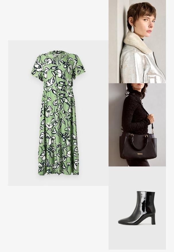 Grønn midikjole med blomsterdesign i hvit og marineblå. Har korte ermer, v-hals og en innsvingt midje med knytning.; Sorte patentlær ankle boot med spiss tå og en mellomhøy blokkhelt. Glatt tekstur og minimalistisk design.; Svart håndveske med teksturert overflate, doble topphåndtak og justerbar skulderrem. Har detaljer i gulltone og sidelommer.; Sølvmetallisk lærjakke med lammeskinnskrage, med glidelås og strukturert overflate. Store dråpeformede øredobber med klare edelstener.
