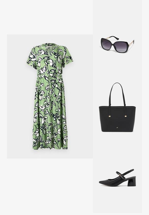 Zelena midi obleka s cvetličnim vzorcem v beli in mornarsko modri barvi. Ima kratke rokave, dekolte v obliki v, ter zožano pasovi z zavezovanjem.; Črne patentne usnjene salonarce s slingback obliko, s koničastim nosom, zaobljenim izrezom in blok peto. Imajo zlato kovinsko zaponko kot dodatno okrasje.; Črne prevelike sončne očala z degradacijskimi lečami, debelimi okvirji in zlatimi verižicami na ročajih.; Črna torba iz sintetičnega materiala, preproste pravokotne oblike, z zlatimi kvadratnimi detajli in dvojnih ročajem.