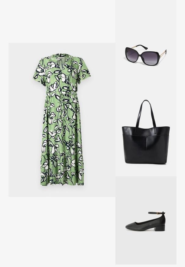 Zelené midi šaty s kvetinovým vzorom v bielej a námornej modrej farbe. Majú krátke rukávy, výstrih do V a zúžený pás so šnúrkou.; Čierne kožené lodičky s špicatou špičkou a nízkym blokovým podpätkom. Obsahuje remienok okolo členka so zlatým prackou. Hladký povrch.; Čierne oversized slnečné okuliare s gradientovými sklíčkami, hrubými rámami a zlatým retiazkovým detailom na stranách.; Čierna kožená tote taška s dvoma dlhými rúčkami, hladkým povrchom a štruktúrovaným tvarom. Obsahuje prednú kapsu pre dodatočné uskladnenie.