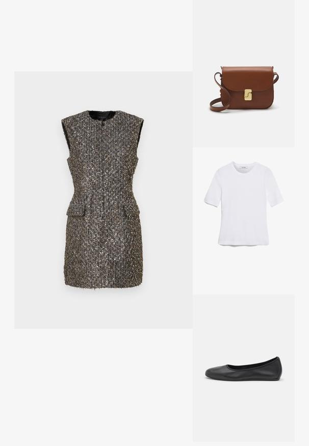 Vestido sin mangas en tejido gris texturizado y tela metálica, con escote redondo, dos bolsillos frontales y una silueta ajustada.; Camiseta de manga corta blanca hecha de tela de canalé. Cuello redondo, corte regular y detalles de costura sutiles. Sin patrones ni gráficos.; Bailarina de piel negra con punta redondeada, textura suave, detalle de costura minimalista y diseño de suela flexible.; Bolso de mano de cuero marrón con cierre de solapa, herrajes en tono dorado, correa para el hombro y una textura suave. Forma rectangular compacta.