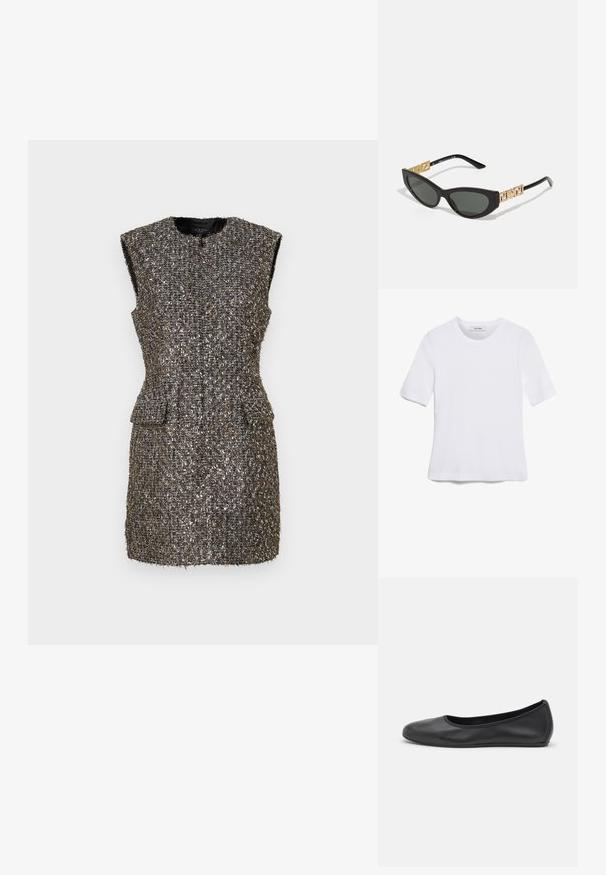 Rochie fără mâneci dintr-un material texturat gri și metalic, având un decolteu rotund, două buzunare frontale și o siluetă ajustată.; Tricou alb cu mânecă scurtă, confectionat dintr-un material texturat. Gât rotund, tăietură regulară și detalii subtile de cusătură. Fără modele sau grafice.; Balerini din piele neagră, cu vârf rotund, textură netedă, detalii de cusătură minimale și un design al tălpii flexibil.; Ochelari de soare negri în formă de ochi de pisică, cu lentile întunecate, dotati cu accente geometrice aurii pe brațe și o finisare mată elegantă.