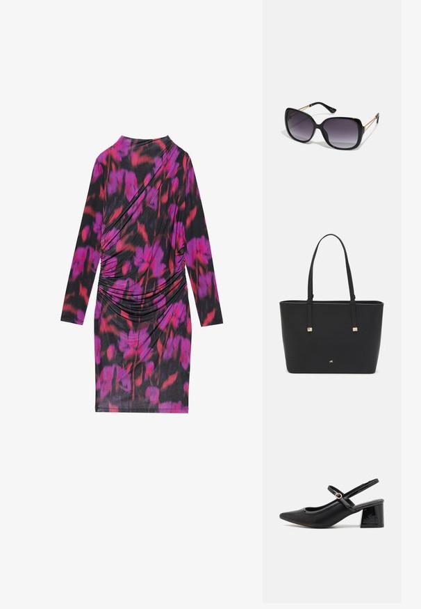 Dlouhé šaty s dlouhým rukávem z černé látky s růžovým a červeným květinovým vzorem, s volným střihem a nařasenými stranami pro texturu.; Černé lakované lodičky s otevřenou patou, špičatou špičkou, zaobleným střihem a blokovým podpatkem. Zdobené akcentem v zlatém tónu.; Černé oversized sluneční brýle se gradientními skly, silnými rámy a zlatými řetízkovými detaily na nožičkách.; Černá taška přes rameno vyrobená z umělého materiálu, s jednoduchým obdélníkovým designem, zlatými čtvercovými akcenty a dvojitými uchy.