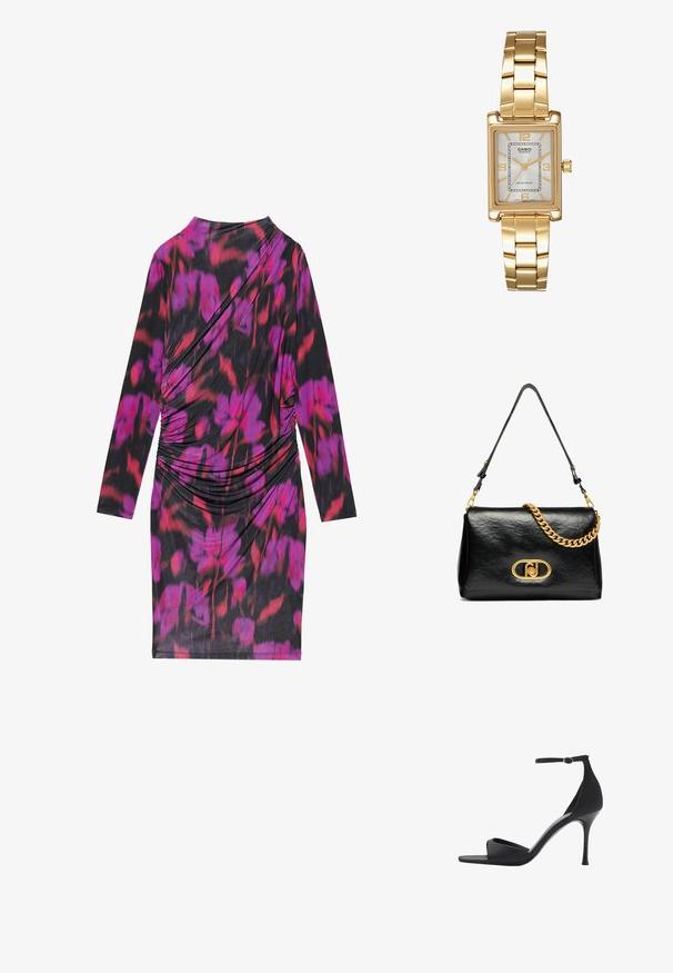 Rochie cu mâneci lungi dintr-un material negru, cu un model floral în nuanțe de roz și roșu, prezentând un design drapat și laterale plisate pentru textură.; Mango Sandale cu toc - black; Geantă de umăr din piele neagră cu textură plisată, accent de lanț aurit și o clapetă aurie proeminentă cu un logo oval. Rucsă ajustabilă.; Ceas de mână rectangular cu nuanță aurie, cu un cadran alb, marcaje argintii pentru ore și o brățară din linkuri metalice durabile. Include caracteristica de rezistență la apă.
