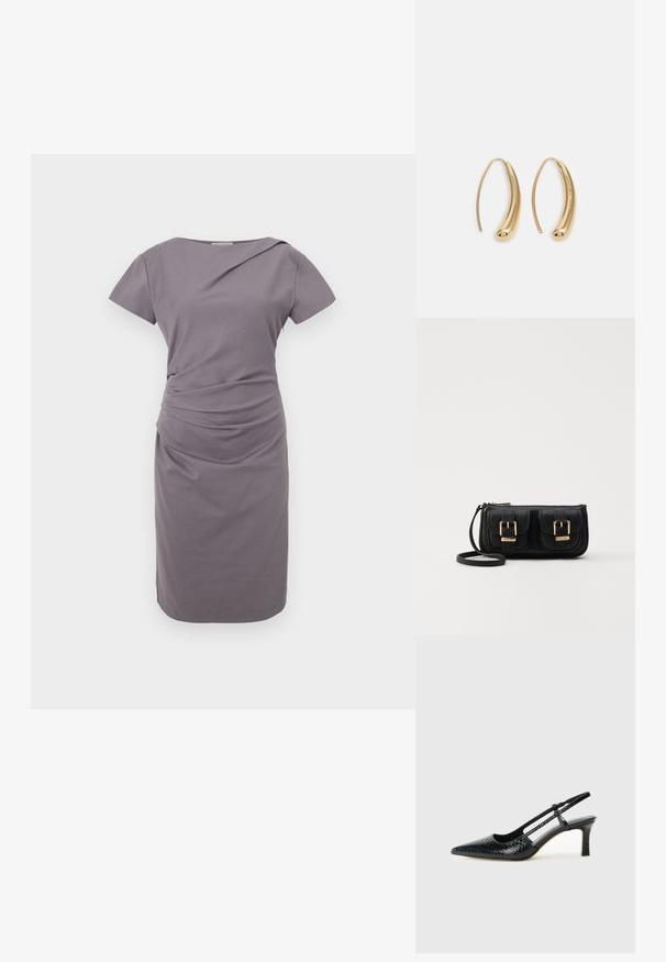 Harmaa lyhythihainen mekko, jossa on vartalonmyötäinen siluetti, vyötäröllä on rypytyksiä, sileä pinta ja polvimittainen helma.; Musta patent slingback-kiilakorko teräväkärkisellä muotoilulla, jossa on teksturoitu käärmeennahkakuosi, säädettävä remmi ja lyhyt, teksturoitu blokkiheel.; Musta nahkainen olkalaukku, jossa on kaksi etutaskua, kultaiset soljet, vetoketjukiinnitys ja kapea hihna. Teksturoidun pinnan ja kompaktin suorakaiteen muoto.; Korvakorut kultasävytteistä metallista, joissa on kaareva, pitkänomainen muoto. Ominaisuuksiin kuuluu sileä, kiiltävä pinta ja pyöreä kärki lisäyksinä.