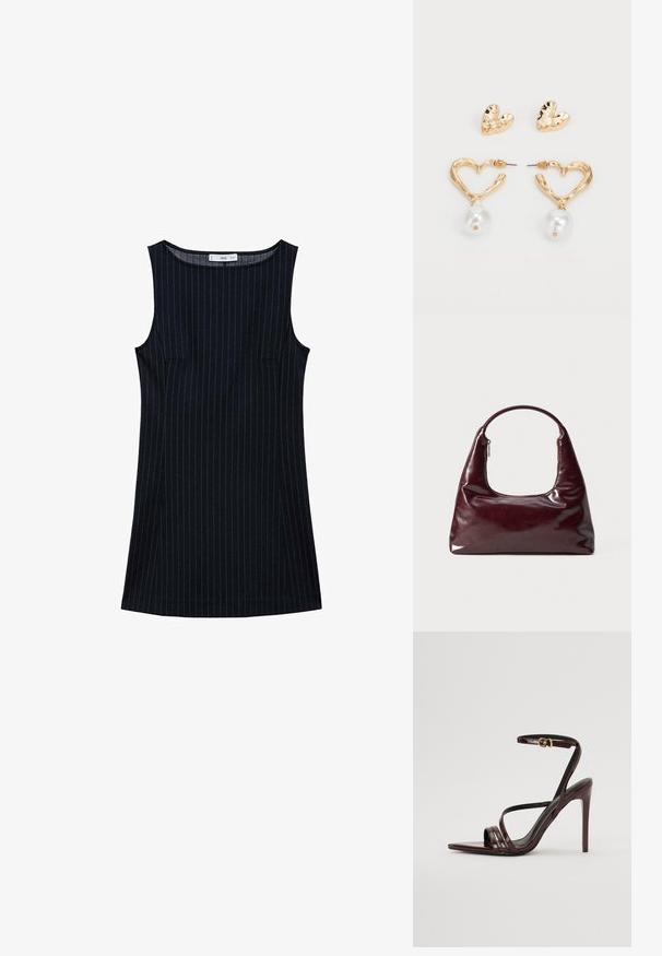 Mornarsko prugasta haljina bez rukava s ravnim krojem, koja ima bočne džepove i zaobljeni izrez. Glatka tekstura tkanine.; Bordo patent kožne sandale na visokoj peti s remenčićem oko gležnja, šiljastim vrhom i tri horizontalne trake preko stopala. Detalj s kopčom u zlatnoj boji.; Burgundska kožna torba s sjajnom površinom, zaobljenom drškom i patentnim zatvaračem na vrhu; sadrži elegantan, minimalistički dizajn.; Boucle zlatnog tona u obliku srca s teksturiranom završnom obradom, s visećom bisernom akcentom. Uključuje odgovarajuće ljubavne stud-voje.