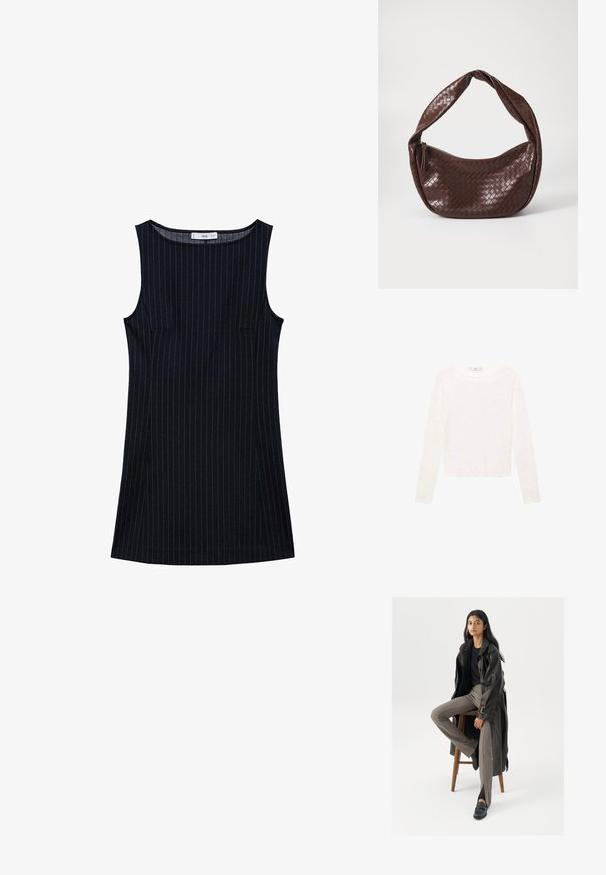 Rochie fără mâneci, de culoare bleu marin, cu dungi verticale, cu o croială dreaptă, având buzunare laterale și un decolteu rotund. Textură de material neted.; Tricou alb cu mânecă lungă, confecționat dintr-un material moale. Are un gât rotunjit și un design scurtat. Textură netedă, fără modele sau accente vizibile.; Palton lung din piele neagră cu butoane și detalii cu brâu, purtat cu pantaloni mulați de culoare maro deschis și mocasini negri, așezat pe un scaun din lemn.; Geantă din piele împletită, de culoare maronie, cu un mâner curbat, noduros și închidere cu fermoar. Textură netedă și formă rotundă.