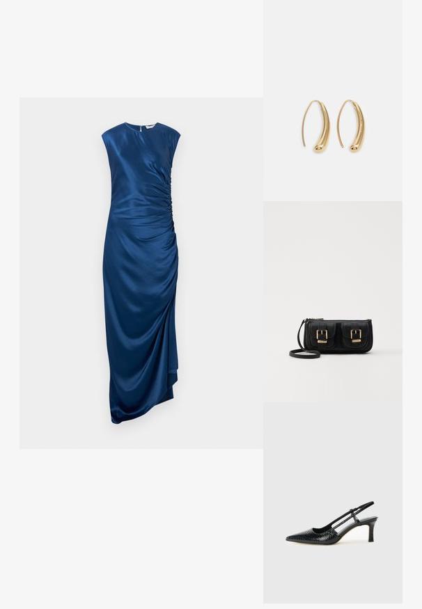 Satiinist sinine kleit, mis on saledalt lõigatud, ümmarguse kaelusega ja külgmise volangiga. Kangas langeneb pehmelt ning ühel küljel on kõrge lõhik.; Mustmust paelad, millel on terav varvas, tekstuuriga maduprindiga, reguleeritav rihm ja lühike tekstuuriga plokknina.; Must küllastamata nahast õlakott, millel on kaks esist nähtavat taskut, kuldsed pandlad, tõmblukuga sulgemine ja peen rihm. Tekstuuriga pind ja kompaktne ristkülikukujuline kuju.; Kuldtoonilised metallist rõngas kõrvarõngad, millel on kõver ja piklik kuju. Omavad siledat, läikivat pinda ja ümarat tipptugevdust, mis lisab detaili.