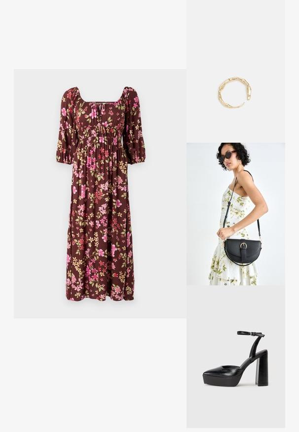 Rjava cvetlična maksi obleka z naborki na rokavih, kvadratnim izrezom in nabranim telesom, okrašena s slikami rož v rožnati in rumeni barvi. Mehka tkanina.; Črne platforme z visokimi petami in koničastim nosom ter nastavljivim gležnjenjskim trakom. Narejene iz gladke usnje, s kockasto peto.; Črna usnjena torbica s ukrivljeno obliko, z odstranljivo naramnico in zlatimi dodatki. Torbica ima pokrov s podrobnostmi v obliki zaponke.; Zlati prstan s organskim, zvitim dizajnom, gladko površino in taperiranimi konci, ki ustvarja modernega, skulpturalnega videza.