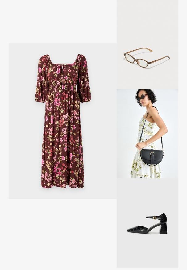 Rochie maxi floral maro, cu mâneci bufante, decolteu pătrat și bust plisat, cu modele de flori roz și galbene. Material moale.; Pantofii negri din piele lăcuită cu toc înalt, vârf ascuțit, curea la gleznă și model texturat de crocodil. Design cu toc pătrat.; Ochelari în nuanță de țestoasă maro, cu lentile ovale, brațe subțiri și accente transparente. Prezintă un logo subtil pe tâmplă. Design elegant și ușor.; Geantă din piele neagră, cu o formă curbată, curea detașabilă și accesorii aurii. Geanta are un capac cu un detaliu tip cataramă.