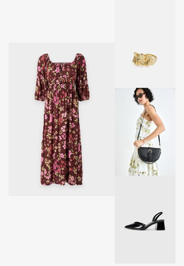 Hnedá kvetinová maxi šaty s vypchanými rukávmi, štvorcovým výstrihom a zbieranou sukňou s ružovými a žltými kvetinovými vzormi. Mäkkučký materiál.; Čierne lakované kožené sandálové podpätky s špicatou špičkou a geometrickým blokovým podpätkom. Disponujú elegantným, minimalistickým dizajnom a hladkým povrchom.; Čierna kožená kabelka s zaobleným tvarom, odnímateľným popruhom a zlatými doplnkami. Kabelka má klopu s detailom s prackou.; Zlatý prsteň s textúrovaným, vlnitým dizajnom, ktorý má tri výrazné vrcholy. Hladký, lesklý povrch a otvorený pásik pre nastaviteľné prispôsobenie.
