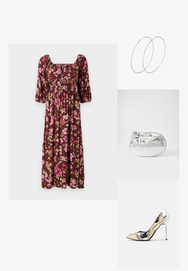 Hnědé květinové maxi šaty s nabranými rukávy, hranatým výstřihem a nabíraným živůtkem s růžovými a žlutými květinovými vzory. Měkčená látka.; Lodička s špičatou špičkou a kombinací stříbrné, zlaté a tělové barvy. Lesklý povrch s vykrojeným designem, s jehlovým podpatkem.; Stříbrná kovová taška s měkkým, zaobleným tvarem a uzávěrem s uzlem. Vyrobena z hladké umělé kůže.; Stříbrné kruhové náušnice s minimalistickým designem. Kruh, hladký povrch a tenký profil. Lehká konstrukce s lesklým povrchem.