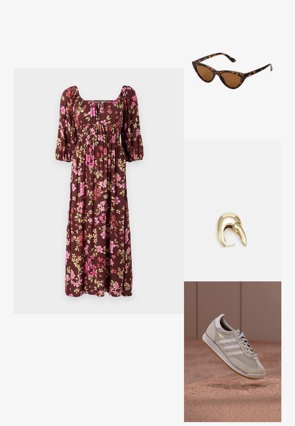 Braunes, blumiges Maxikleid mit Puffärmel, quadratischem Ausschnitt und gerafftem Oberteil mit rosa und gelben Blumenmustern. Weicher Stoff.; Beige Sneaker mit Obermaterial aus Wildleder und Mesh, weißen drei Streifen, brauner Gummisohle, blauen Schnürsenkeln und goldenem Akzentlogo. Klassisches Retro-Design.; Katzenaugen-Sonnenbrille mit einem schwarz-orangenen Schildpattrahmen, braunen Gläsern und schlanken, spitzen Enden. Verfügt über ein minimalistisches Logo am Bügel.; Ohrringe aus goldfarbenem Metall mit einem schlanken, geschwungenen Design. Sie verfügen über eine markante, spitze Form, eine polierte Oberfläche und einen Scharnierverschluss.