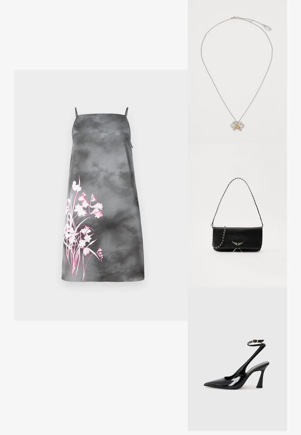 Satin A-line haljina u gradijentnoj sivoj boji s podesivim trakama. Ima ružičasti cvjetni uzorak s lijeve strane. Glatka tekstura.; Crne lakirane slingback cipele s visokom potpeticom, u obliku špice, s podesivim remenom oko gležnja i umjerenom blok-potpeticom. Glatka tekstura s sjajnim završetkom.; Crna kožna torba s srebrnim lanac strapom, s dekorativnim krilnim naglascima i bijelim šavovima duž donjeg šava.; Ogrlica od srebrnog tona sa privjeskom leptira koji ima prozirne kristale i zlatni detalj u središtu. Podesivi kopča na stražnjoj strani.