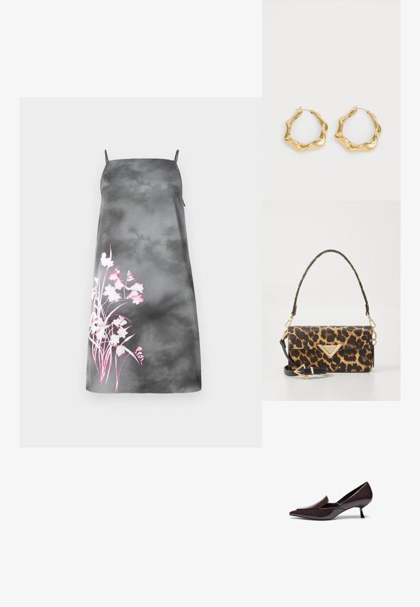 Satin A-linija obleka v gradientni sivi barvi z nastavljivimi trakovi. Poudarjena rožnata cvetlična zasnova na levi strani. Gladka tekstura.; Črne lakirane špičaste salonarice z nizko stiletto peto in elegantno silhueto, ki imajo rahlo dvignjen zgornji del.; Torba za čez ramo z leopardjim vzorcem iz teksturirane umetne usnjene, z zlatim trikotnim akcentom in odstranljivo naramnico.; Zlate uhane iz kroga z valovitim, teksturiranim dizajnom. Imajo tanek zapiralo iz žice in polirano, odsevujočo površino.