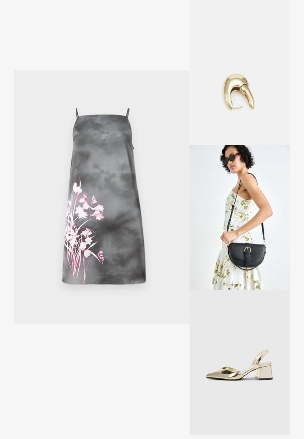 Robe A-line en satin dégradé gris avec bretelles spaghetti réglables. Présente un design floral rose sur le côté gauche. Texture lisse.; Talons aiguilles dorés métalliques avec un bout pointu et un talon épais. Texture lisse, design minimaliste et une fine bride.; Sac à main en cuir noir avec une forme courbée, bandoulière amovible et des accessoires en or. Le sac est doté d'un rabat avec un détail de boucle.; Boucle d'oreille en métal doré avec un design élégant et courbé. Présente une forme conique distinctive, une surface polie et une fermeture à charnière.