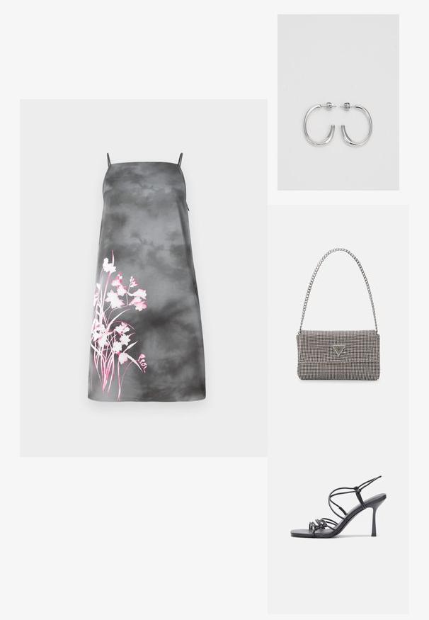 Satin A-line dress in gradient gray with adjustable spaghetti straps. Features pink floral design on the left side. Smooth texture.; Black high-heeled sandals feature thin straps with a knotted design, a smooth square toe, and a sleek stiletto heel.; Light gray metallic handbag featuring a chain strap, embellished with small circular metallic studs and a triangular brand logo.; Silver hoop earrings with a smooth, shiny finish. Rounded shape, lightweight design, featuring a post-back closure.