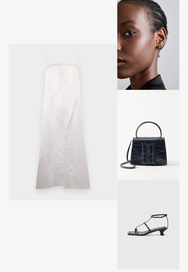 Rochie albă, fără mâneci, cu o siluetă dreaptă, fabricată dintr-un material ușor texturat, având o cusătură centrală și bretele minime.; Sandelă din piele neagră cu vârf pătrat, curele subțiri, curea ajustabilă la gleznă și toc mic. Prezintă un mic accent auriu pe curea.; Geantă din piele cu model de crocodil negru, cu un design structurat, mână superioară, curea ajustabilă și un detaliu proeminent cu logo pe față.; Cerceii cu studs florali de aur au un centru texturat de culoare neagră și detalii delicate. Pielea clară a modelului și părul împletit sunt vizibile în profil.