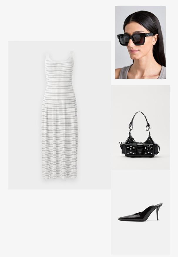 Abito maxi bianco con top aderente e gonna svasata. Presenta righe orizzontali azzurre e una texture a coste, con sottili spalline.; Mule in pelle patinata nera con tacco alto, punta affilata e silhouette elegante, dotato di apertura sul dietro e tacco a stiletto sottile.; Occhiali da sole oversize neri con montatura quadrata, lenti scure e sottile dettaglio del logo a forma di ala sulla stanghetta. Presentano accenti testurizzati sui lati.; Borsa a mano in pelle nera con design curvo, caratterizzata da borchie argentate, una fibbia e due tasche laterali. Tracolla regolabile per diverse opzioni di trasporto.