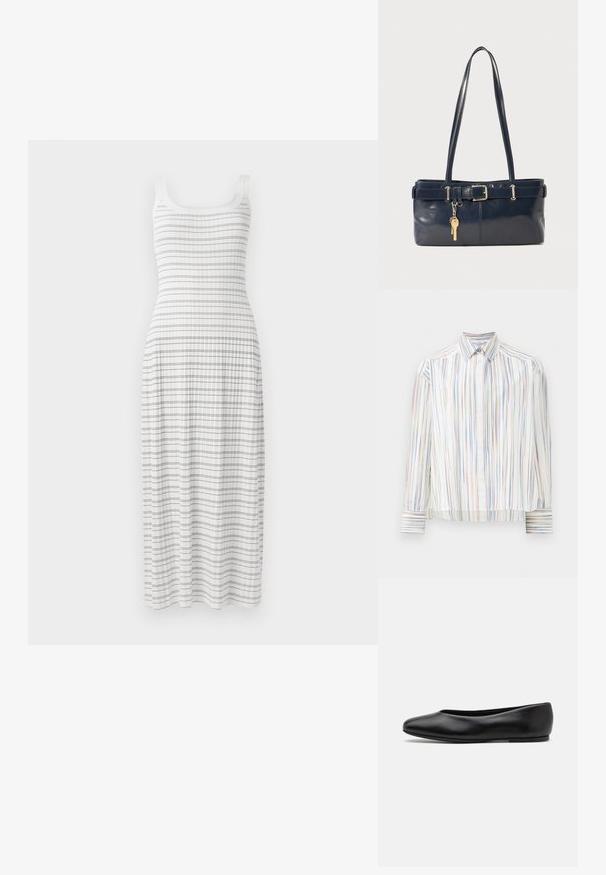 Biała sukienka maxi z dopasowaną górą i rozkloszowanym dołem. Posiada poziome niebieskie paski i żeberkową teksturę, z cienkimi ramiączkami.; Koszula w paski z białą bazą, z wąskimi wielokolorowymi liniami w odcieniach niebieskiego, pomarańczowego i zielonego. Długie rękawy i klasyczny kołnierzyk.; Paul Smith TOPANGA czarny; Granatowa skórzana torebka z dwoma długimi uchwytami, detalem w postaci klamry oraz dołączonym breloczkiem. Charakteryzuje się gładką teksturą i prostokątnym kształtem.