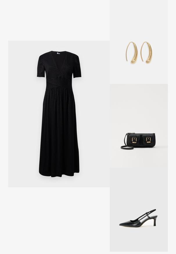 Sort maxi kjole med en dyb V-hals, korte ærmer, tekstureret liv og samlet nederdel. Lavet af letvægtsstof med subtile mønstre.; Sorte patent slingback hæl med spids tå, prydet med tekstureret slangeskindsmønster, justerbar rem og en kort, tekstureret blokhæl.; Sort læder crossbody taske med to frontlommer, guldspænder, lynlåslukning og en slank rem. Struktureret overflade og kompakt rektangulær form.; Guldfarvede metal hoops øreringe med en bøjet, forlænget form. Har en glat, skinnende overflade og en afrundet spids for ekstra detalje.