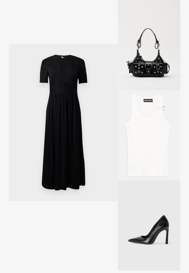 Fekete maxi ruha mély V-nyakkal, rövid ujjakkal, texturált felsőrésszel és ráncolt szoknyával. Könnyű anyagból készült, finom mintázattal.; Fehér bordázott ujjatlan felsőrész körkivágással és fém részleteléssel a vállon. Puha tapintású, testhezálló fazonú.; Fekete hegyes orrú magassarkú cipő krokodilbőr textúrával, letisztult dizájnnal, magas tűsarkú és sima fekete belső résszel.; Fekete bőr kézitáska ívelt designnal, ezüst szegecsekkel, csattal és két oldalsó zsebbel. Állítható vállpánt a hordozási lehetőségekhez.