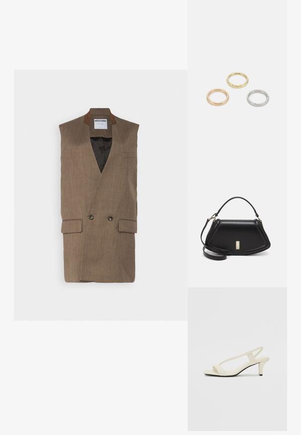 Brauner ärmelloser Weste mit doppelter Knopfleiste, Reverskragen, seitlichen Taschen und gefüttertem Innenraum. Texturiertes Gewebe mit dezenten Streifen.; Beige Blockabsatzsandalen mit dünnen Riemen und quadrater Spitze. Glattes Material mit minimalem Design, entworfen für einfaches Tragen.; Schwarze Lederhandtasche mit einem strukturierten Design, das eine verkürzte Form, einen oberen Griff und goldfarbene Hardware-Details aufweist. Verstellbarer Schulterriemen ist enthalten.; Drei Metallringe: einer in Roségold, einer aus Gold mit strukturierten Akzenten und einer aus Silber, alle mit graviertem Branding auf dem inneren Band.