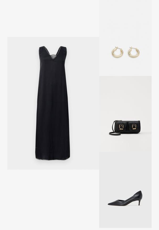 Zwarte mouwloze jurk met een V-halslijn, voorzien van kant aan de hals, en een losse pasvorm die tot halverwege de kuit reikt.; Zwarte leren pump met een puntige neus en lage hak. Heeft een gladde textuur en een subtiele glans. Open uitsparing aan de voorkant voor extra detail.; Zwarte leren schoudertas met twee vo pockets, gouden gespen, ritsluiting en een smalle band. Tekstuur oppervlak en compacte rechthoekige vorm.; Lauren Ralph Lauren BASIC SMALL HOOP - Oorbellen - gold-coloured