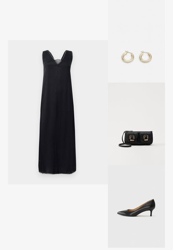 Schwarzes ärmelloses Kleid mit V-Ausschnitt, ausgestattet mit einer Spitzenverzierung am Hals und einer lockeren Passform, die bis zur Mitte der Waden reicht.; Schwarzer Lederpumps mit spitzem Zehenbereich, niedrigem Absatz und glatter Textur. Verfügt über eine leichte Öffnung an der Vorderseite und minimale Beschläge an der Rückseite.; Schwarze Leder-Umhängetasche mit zwei vorderen Taschen, goldenen Schnallen, Reißverschluss und einem schmalen Tragegurt. Texturierte Oberfläche und kompakte rechteckige Form.; Lauren Ralph Lauren BASIC SMALL HOOP - Ohrringe - gold-coloured