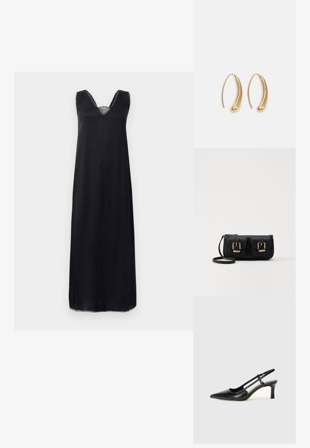 Črna brezrokavna obleka z V-izrezom, ki ima čipkast rob okoli vratu in ohlapen kroj, ki sega do sredine meč.; Črne lakaste slingback pete s koničastim nosom, ki imajo teksturiran vzorec kačje kože, nastavljiv trak in kratek teksturiran blok peto.; Črna usnjena torbica čez ramo z dvema sprednjima žepoma, zlatimi zaponkami, zadrgo in ozkim pasom. Tekstura površine je strukturirana, obliko pa ima kompaktno pravokotno.; Zlato-tonirani kovinski uhani v obliki obroča s krivuljo in podolgovato obliko. Imajo gladko, sijočo površino in zaobljen vrh za dodaten detajl.