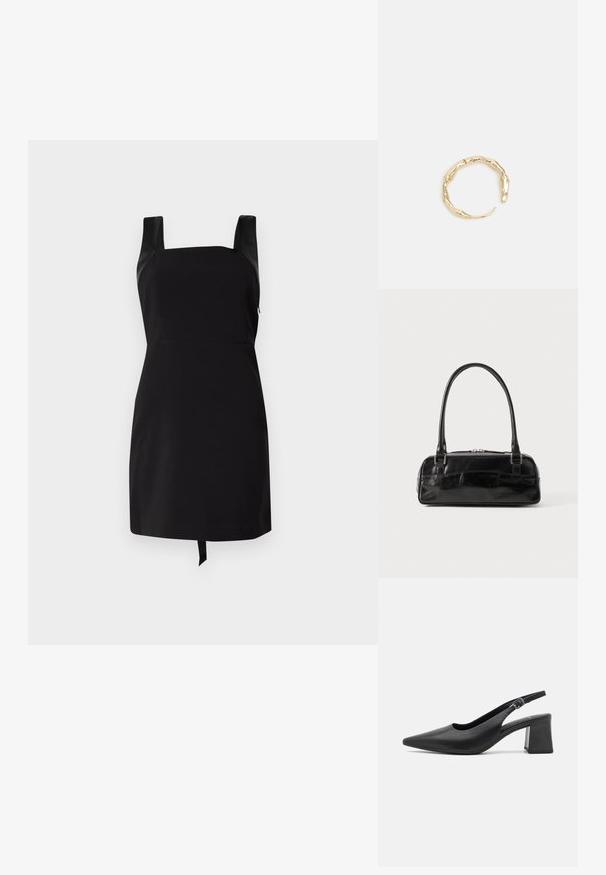 Čierne šaty so štvorcovým výstrihom a širokými ramienkami. Obsahujú priliehavú časť a rozšírenú sukňu s detailom na viazanie na leme. Vyrobené z hladkej tkaniny.; Čierna kožená sandálová topánka na opätku s vyvýšeným špičatým prstom a robustným blokovým opätkom. Obsahuje nastaviteľný remienok s kovovou prackou.; Čierna kožená kabelka obdĺžnikového tvaru, vybavená jednou pevnou rukoväťou, strieborným kováním a zipsom. Hladký povrch.; Prsteň v zlatej farbe s organickým, skrúteným dizajnom, hladkým povrchom a zužujúcimi sa koncami, vytvárajúci moderný, sochársky vzhľad.