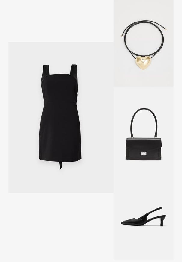 Abito nero con scollatura quadrata e spalline larghe. Presenta un corsetto aderente e una gonna svasata con un dettaglio di fiocco all'orlo. Realizzato in tessuto morbido.; Tacchi slingback in pelle nera con punte affusolate, piccoli borchie lungo il lato e un tacco a blocco basso. Texture liscia e design minimale.; Borsa a tracolla in pelle nera con un design strutturato, manico superiore e chiusura in argento. Presenta accenti agli angoli e una texture liscia.; Collana in corda nera intrecciata con un pendente a cuore in oro lucido, caratterizzato da curve morbide e una finitura brillante.