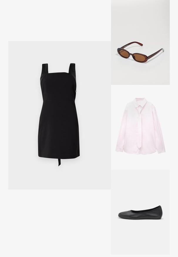 Černé šaty s čtvercovým výstřihem a širokými ramínky. Mají přiléhavý korzet a volánovou sukni s detailem na zavázání na lemu. Vyrobeny z hladkého materiálu.; Světle růžová košile s dlouhým rukávem a bílými vertikálními pruhy, spolu s odpovídající kravatou. Hladká struktura, límeček s knoflíky a manžety na rukávech.; Černé kožené baletní byty s kulatou špičkou, hladkou texturou, minimálními švy a flexibilním designem podrážky.; Kulaté sluneční brýle hnědé barvy s lesklým burgundským rámem. Úzké nožičky s jemným logem. Rovné čočky.