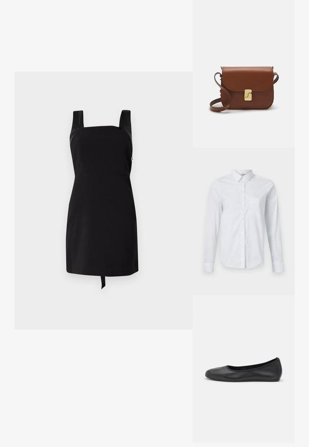 Musta mekko, jossa on neliön muotoinen kaula-aukko ja leveätolkaimet. Siinä on muotoonommeltu yläosa ja levenevä hame, jossa on nauhakiinnitys helmassa. Valmistettu sileästä kankaasta.; Valkoinen pitkähihaisen puuvillainen paita, jossa kaulus, napillinen etuosa ja yksi rintatasku. Sileä rakenne. Ei kuvioita.; Musta nahkainen ballerina, jossa on pyöristetty kärki, sileä pinta, minimaalinen ommelkoristelu ja joustava pohjamuotoilu.; Ruskea nahkainen käsilaukku, jossa on läppäkiinnitys, kultasävyiset yksityiskohdat, olkahihna ja sileä pinta. Kompaktin suorakaiteen muotoinen.
