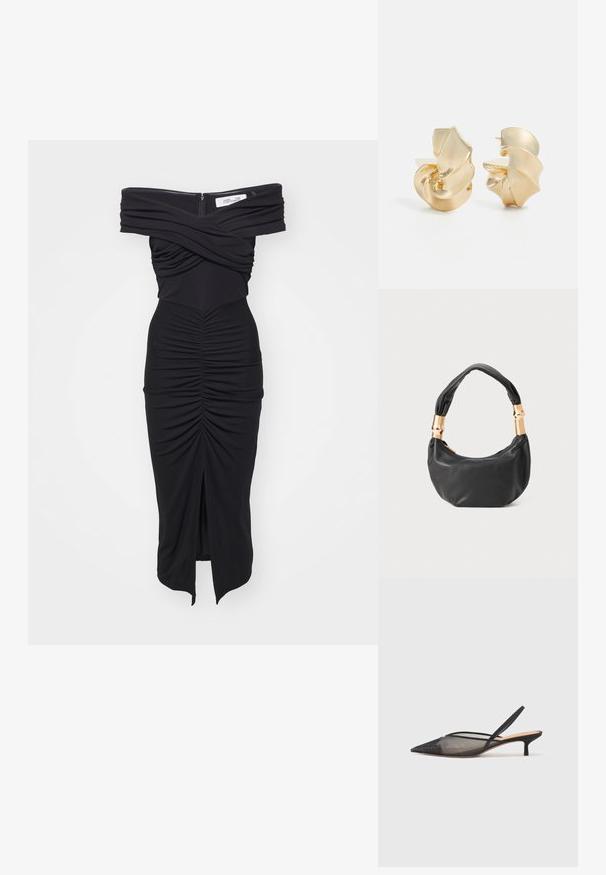 Diane von Furstenberg STEPHEN DRESS - Pārliekama kleita - black; NEOUS IRENA - Klasiski papēži - black; Melnas ādas rokassoma ar apaļu formu, mīkstu tekstūru un mezgla rokturi, kas rotāts ar zelta tonētiem aksesuāriem. Ar rāvējslēdzēja aizdari.; Tekstūrēti zelta toņa metāla auskari ar skulpturālu spirāles dizainu. Iespējas ar gludām virsmām un gaismu atspoguļojošām līknēm.