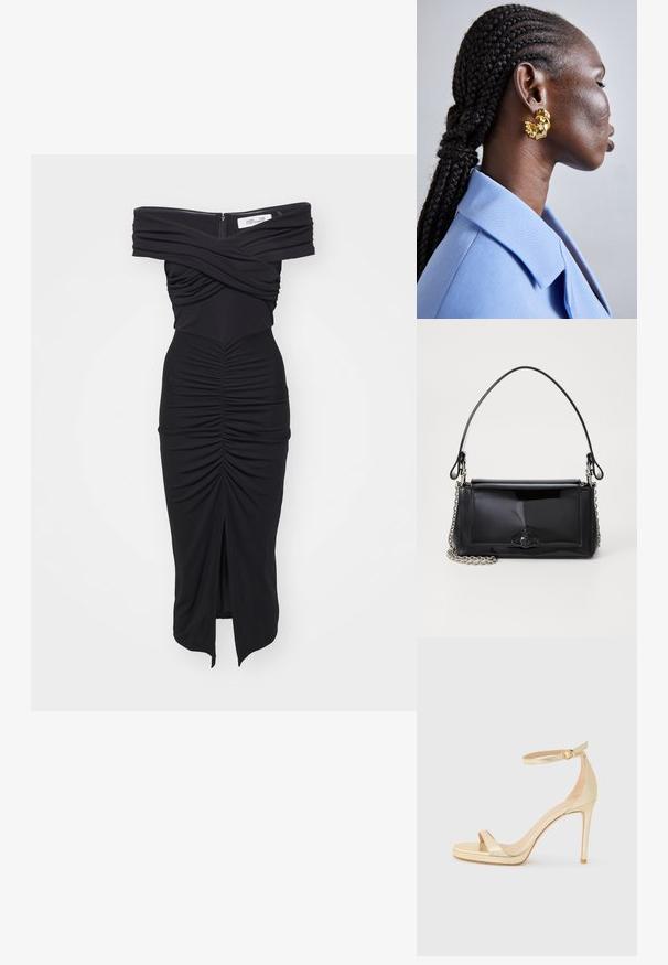 Diane von Furstenberg STEPHEN DRESS - Vabalt langev kleit - black; Kuldne metallik kõrge kontsaga sandaal avatud varbaga, pahkluu rihm luku ja platvormiga, et lisada kõrgust. Sile tekstuur.; Mustmust mustkott mustmust mustkott, millel on ristkülikukujuline kuju, kettstrap ja silmapaistev viimistlusaktsent keskel. Sile tekstuur.; Kuldne statement-kõrvarõngas skulpturaalse disainiga, millel on keerduvad vormid ja siledad pinnad, kanda inimesel, kellel on punutud juuksed.