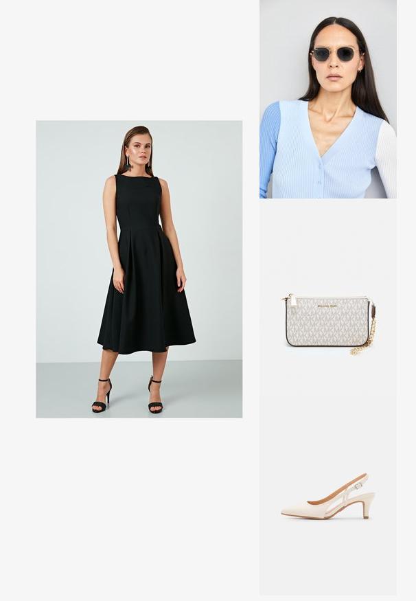 Rochie neagră fără mâneci, cu un bust ajustat, fustă evazată și pliseuri. Material neted, până la genunchi, asociată cu sandale negre cu toc înalt.; Sandaie cu toc alb, cu vârful ascuțit, material superior neted, toc mic tip bloc și design cu decupaj lateral, cu curea ajustabilă.; Ochelari de soare rotunzi cu lentile întunecate și rame aurii. Modelul poartă un cardigan ribbed de culoare albastru deschis cu nasturi și mâneci albe în contrast.; Clutch Michael Kors din canva acoperit bej, cu un model repetitiv al logo-ului MK, accesorii din aur și o curea cu lanț detașabil.