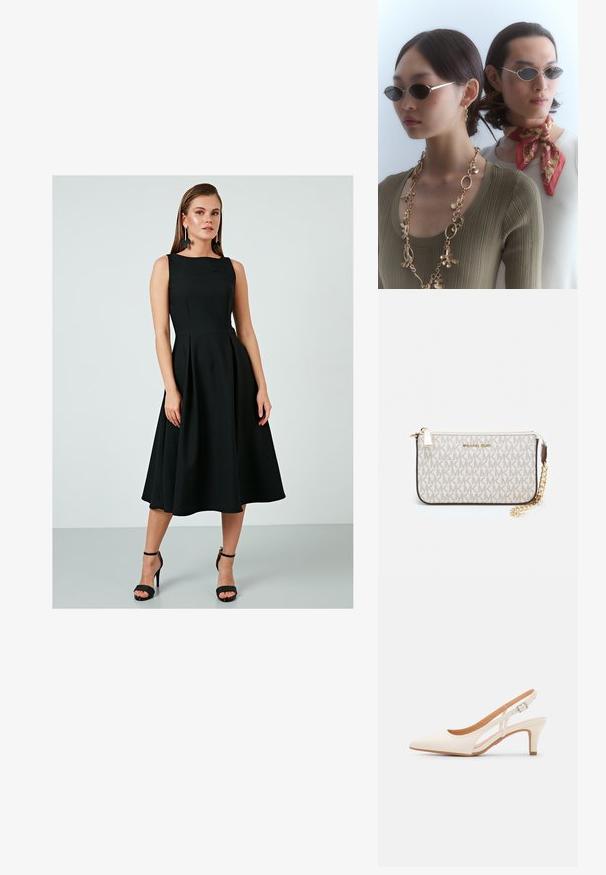 Črna brezrokavna obleka z oprijetim zgornjim delom, razširjenim krilom in naborki. Gladek material, do kolen, v kombinaciji s črnimi sandali na visoki peti.; Bela slingback peta z ostrim nosom, gladka zgornja prevleka, nizka blok peta in zasnova z stranskimi izrezi ter nastavljivim trakom z zaponko.; Okrogle sončne očala s temnimi lečami in tankimi srebrnimi okvirji. Eden ima na sebi zlat verižico, medtem ko ima drugi rdeč šalom z vzorcem.; Michael Kors denarnica v bež lakiranem platnu z mišičnim vzorcem ponavljajočega se logotipa MK, z zlatim okovjem in snemljivo verižico.