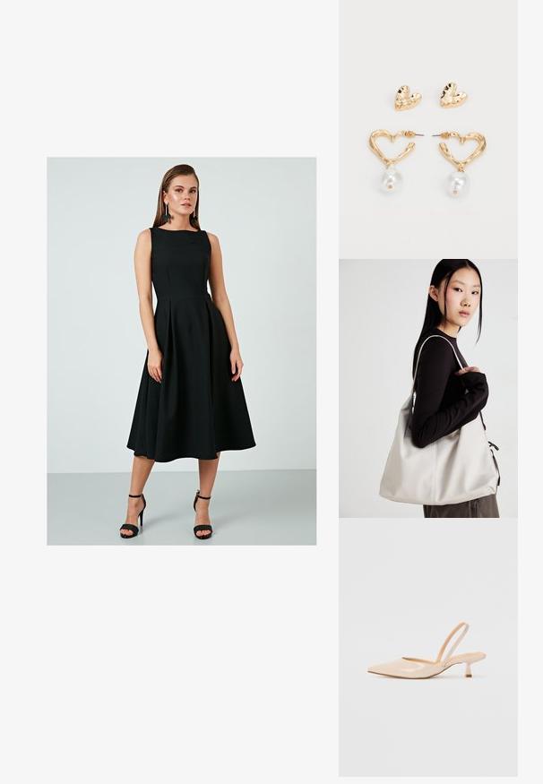 Mustassa hihattomassa mekossa on vartalonmyötäinen bodice, leveä helma ja poimutukset. Suloinen kangas, polvipituinen, yhdistetty mustiin korkokenkiin.; Beige patenttanssisen nahasta valmistetut slingback-korkokengät, joissa on terävä kärki ja kapea, neliömäinen korko. Saumatonta pinta ja minimalistinen muotoilu ilman koristeita.; Beige laukku, joka on valmistettu pehmeästä materiaalista, ja siinä on rento muotoilu, ommeltu yksityiskohtia ja kaksi olkahihnaa. Sopii päivittäiseen käyttöön.; Kultaiset sydämenmuotoiset korvakorut, joissa on teksturoitu pinta ja roikkuva helmikoriste. Mukana on myös yhteensopivat sydänkorvakuulokkeet.