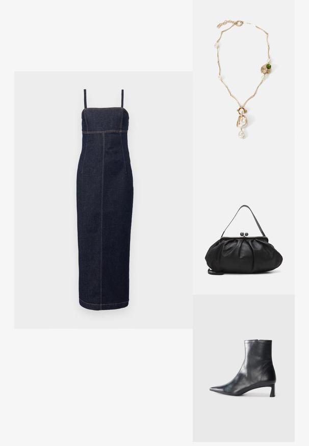 WEEKEND MaxMara OSOL - Etuikleid - blu; Schwarze Lederstiefelette mit spitzer Zehe und schlankem Design. Verfügt über einen niedrigen Absatz und einen Reißverschluss hinten. Glatte Textur.; Schwarze Lederhandtasche mit einer runden, gefalteten Form. Verfügt über einen metallischen Verschluss mit zwei dekorativen Kugeln und einem schmalen, abnehmbaren Tragegurt.; Halskette in Goldton mit verdrehten Gliedern, weißen Perlen und einem grünen Steinelement. Verfügt über filigrane Details und einen Verschluss zum Schließen.