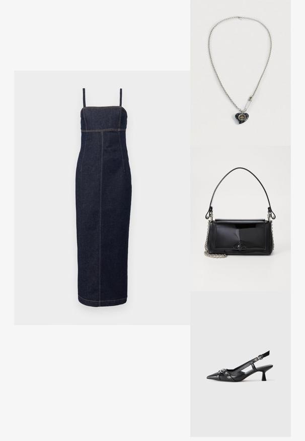 WEEKEND MaxMara OSOL - Etuikleid - blu; Schwarzer Leder-Slingback-Schuh mit spitz zulaufender Zehenpartie, dekorativen Riemen mit METALLÖSEN und niedrigem Blockabsatz. Strukturelle Oberfläche.; Schwarze Lackleder-Handtasche mit rechteckiger Form, Kettenriemen und einem markanten Hardware-Akzent in der Mitte. Glatte Textur.; Silberne Halskette mit einem herzförmigen schwarzen Anhänger, der goldene Details aufweist, und einer glänzenden Sicherheitsnadel, die in der Nähe des Anhängers befestigt ist.