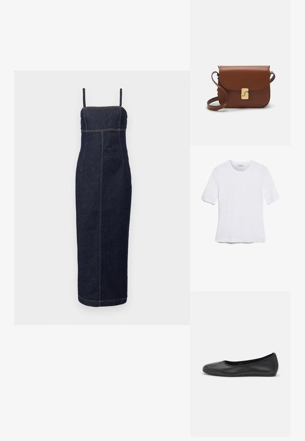 WEEKEND MaxMara OSOL granatowy; Biała koszulka krótki rękaw wykonana z materiału prążkowanego. Okrągły dekolt, regularny krój i subtelne detale szwów. Bez wzorów ani grafik.; Czarne skórzane baletki z zaokrąglonym noskiem, gładką fakturą, minimalnymi przeszyciami i elastycznym designem podeszwy.; Brązowa skórzana torebka na ramię z klapką, złotymi detalami, paskiem na ramię i gładką teksturą. Kompaktowy prostokątny kształt.