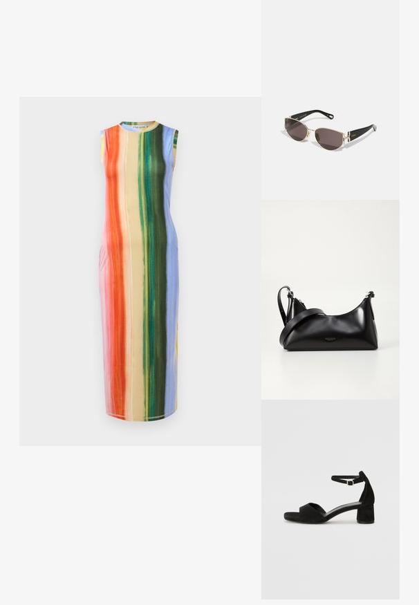 Varrukata midi kleit, millel on vertikaalsed triibud oranži, roosa, rohelise ja sinise toonides. Kanga pind on sile ja kergelt läikiv.; Mustad nahast kontsad avatud varvastega, millel on õhuke pahkluu rihm ja tagasihoidlik plokkkonts. Sile tekstuur ja minimaalsed aksessuaarid.; Mustad ja kuldsetes prillides, kitsas ovaalne raam, tumedad läätsed ja dekoratiivsed detailid templites. Kerge ja stiilne disain.; Mustmust nahkaga kott sileda tekstuuriga. Omab reguleeritavat rihma ja sujuvat, minimalistlikku disaini, millel on lukuga sulgemine.