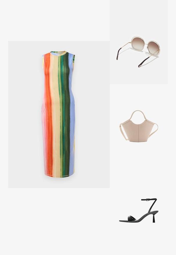 Rochie midi fără mâneci, cu dungi verticale în nuanțe de portocaliu, roz, verde și albastru. Țesătura pare netedă, cu o ușoară strălucire.; Bershka Sandale cu toc - black; CHLOÉ CARLINA OVERSIZED ROUND METAL SUNGLASSES - Ochelari de soare - gold-coloured/brown; Geantă de mână bej din piele cu o formă unică, dotată cu două mânere scurte și o curea lungă ajustabilă. Textură netedă, cu hardware minim.